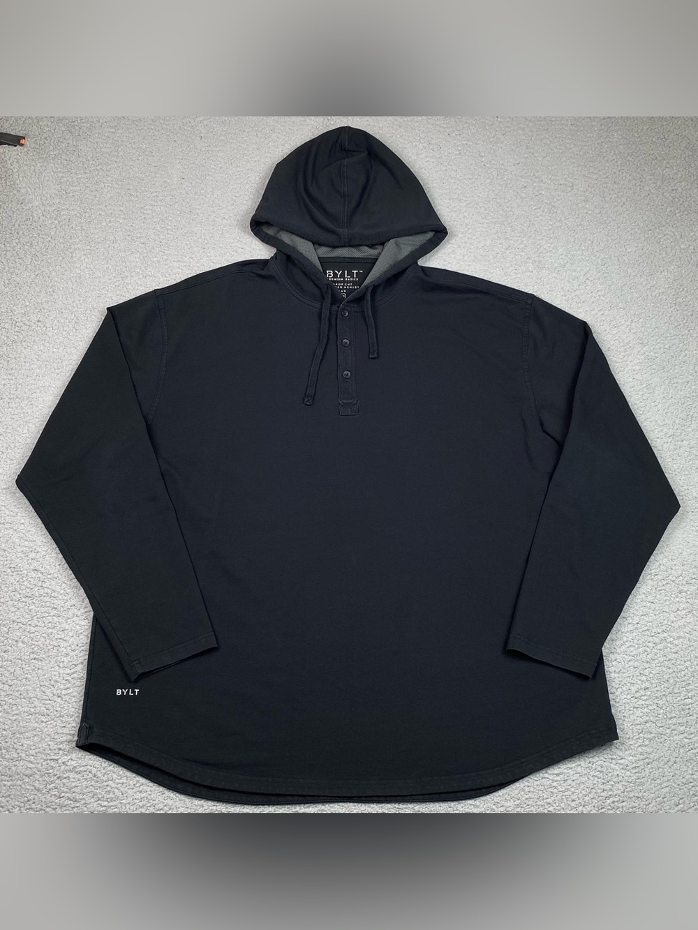 BYLT Men's Size 3XL Drop Cut Hooded Henley Sweatshirt Black Stretch